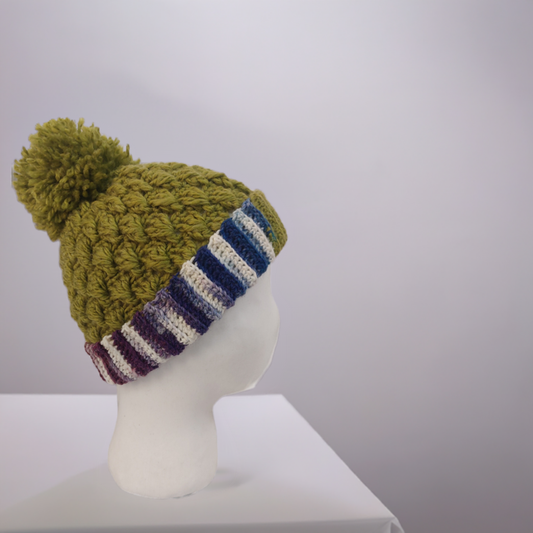 Premium Acrylic Crochet Hat in Green and Mix Yarn