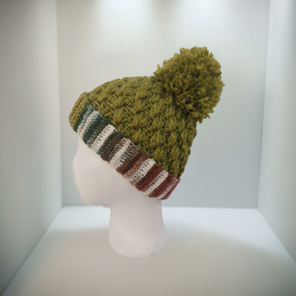 Premium Acrylic Crochet Hat in Green and Mix Yarn