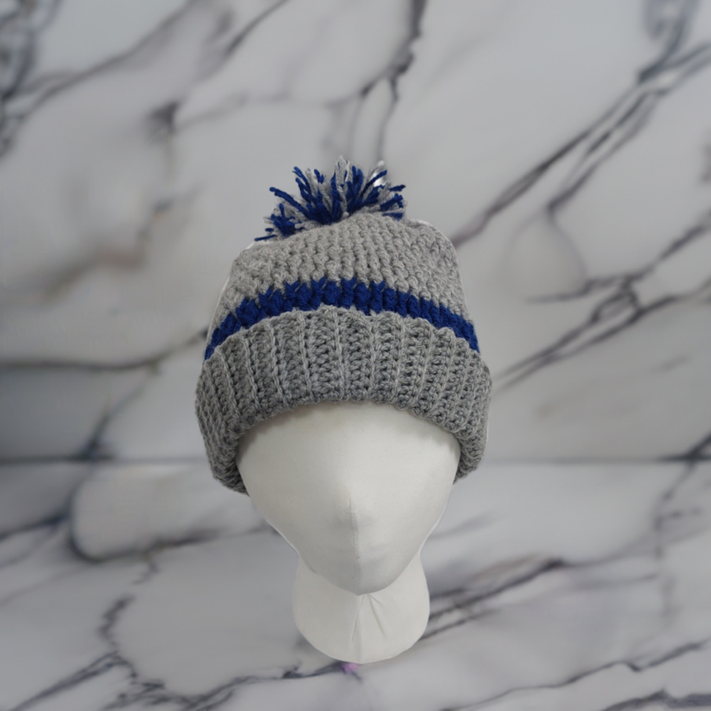 Handmade Crochet Hat in Grey and Royal Blue – Soft Acrylic Yarn Beanie