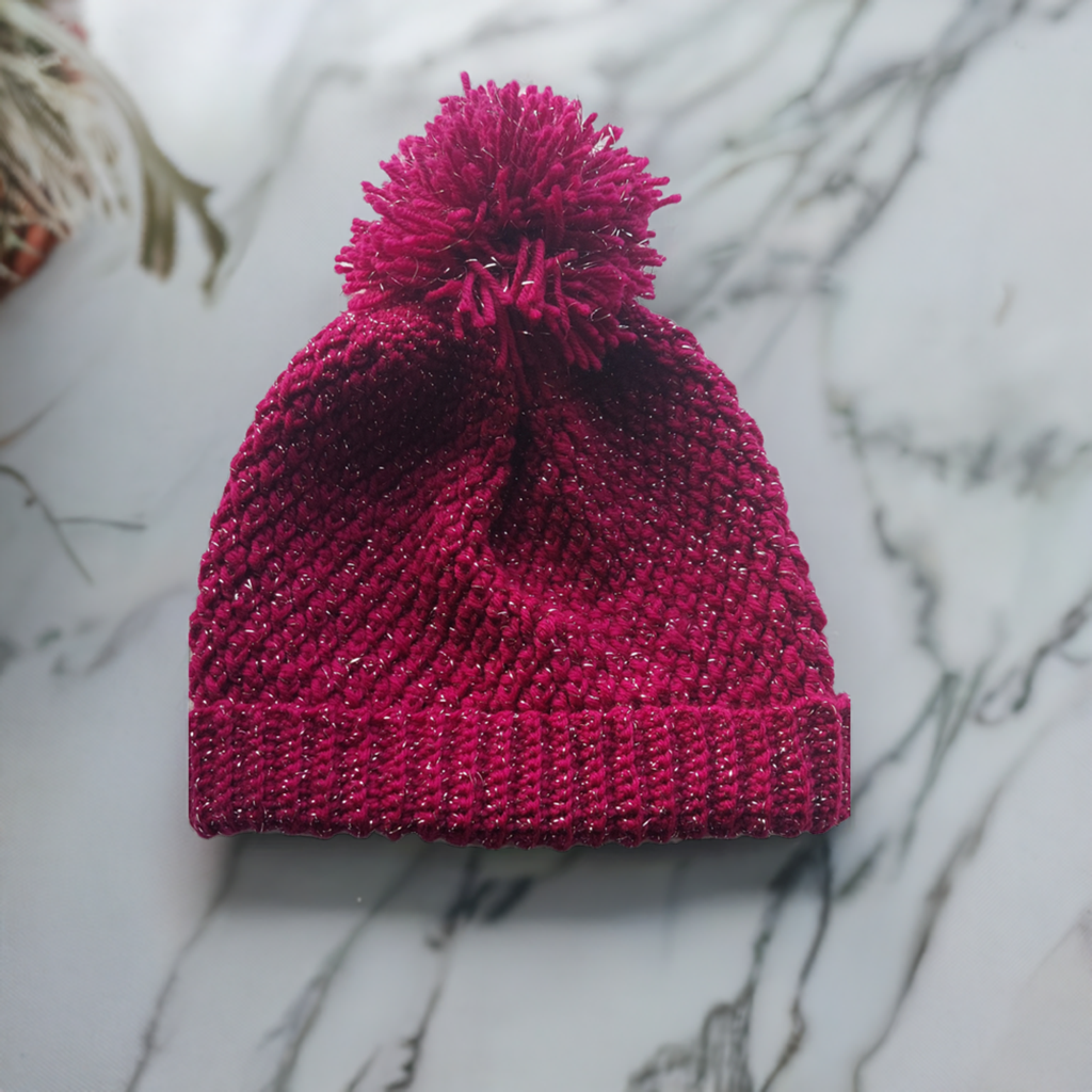 Red Crochet Hat with Shimmering Silver Accents