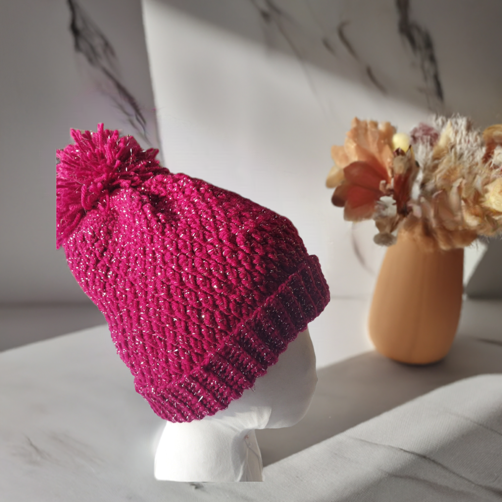Red Crochet Hat with Shimmering Silver Accents