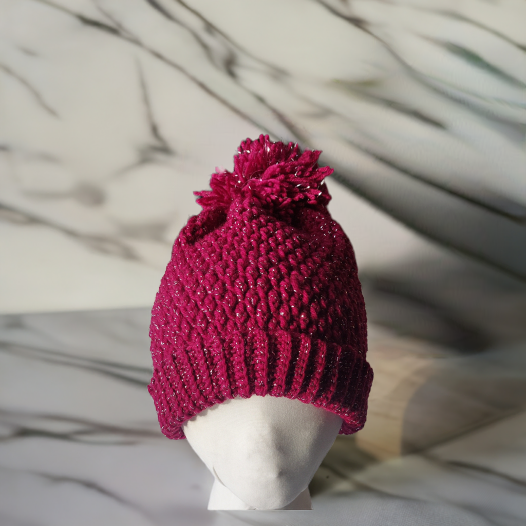 Red Crochet Hat with Shimmering Silver Accents