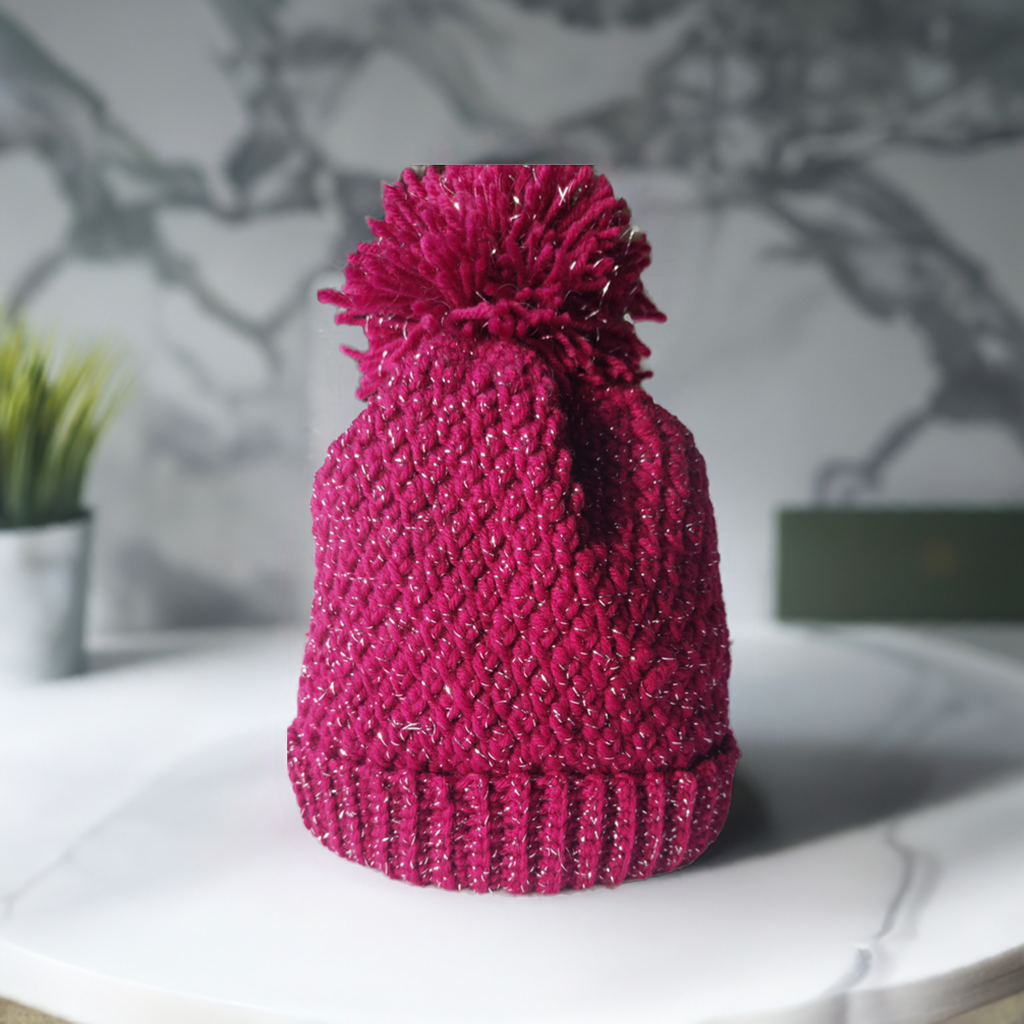 Red Crochet Hat with Shimmering Silver Accents