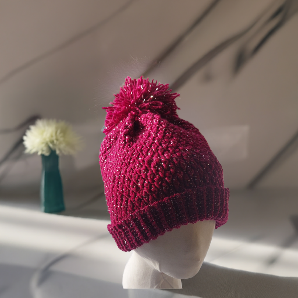 Red Crochet Hat with Shimmering Silver Accents