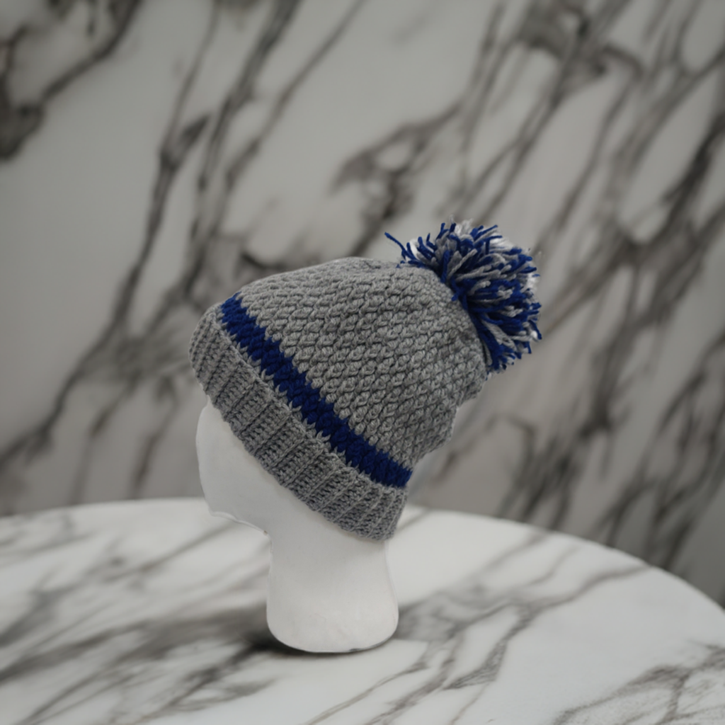 Handmade Crochet Hat in Grey and Royal Blue – Soft Acrylic Yarn Beanie
