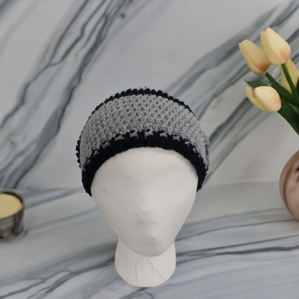 Handmade Grey and Navy Blue Crochet Hat – Cozy Two-colours Acrylic Yarn Beanie