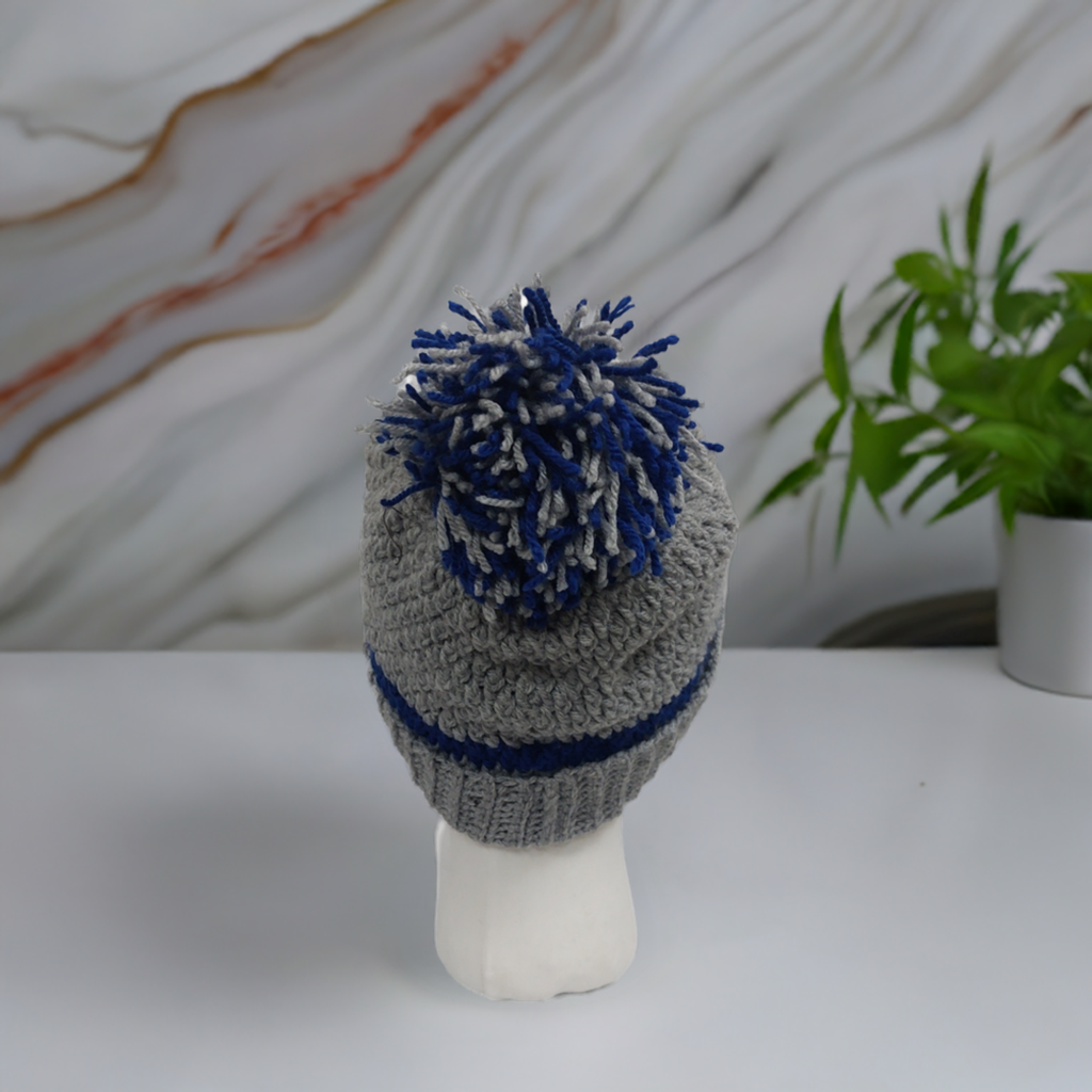 Handmade Crochet Hat in Grey and Royal Blue – Soft Acrylic Yarn Beanie