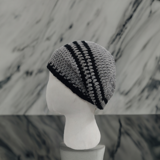 Handmade Crochet Hat in Gray and Navy Blue – Soft Acrylic Yarn Beanie