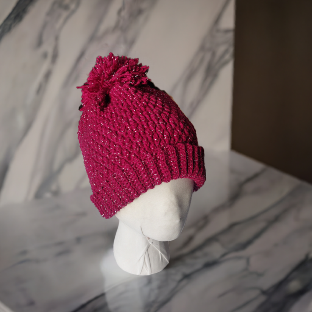 Red Crochet Hat with Shimmering Silver Accents