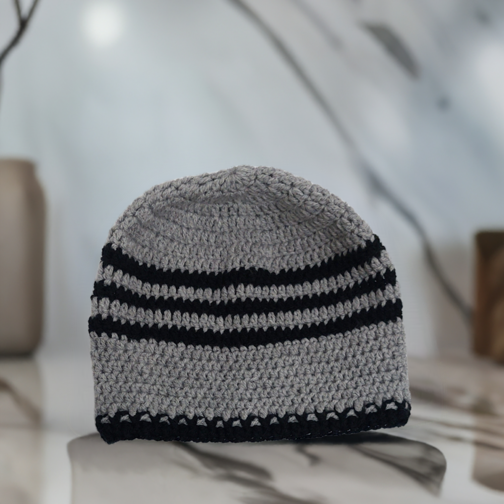Handmade Grey and Navy Blue Crochet Hat – Cozy Two-colours Acrylic Yarn Beanie