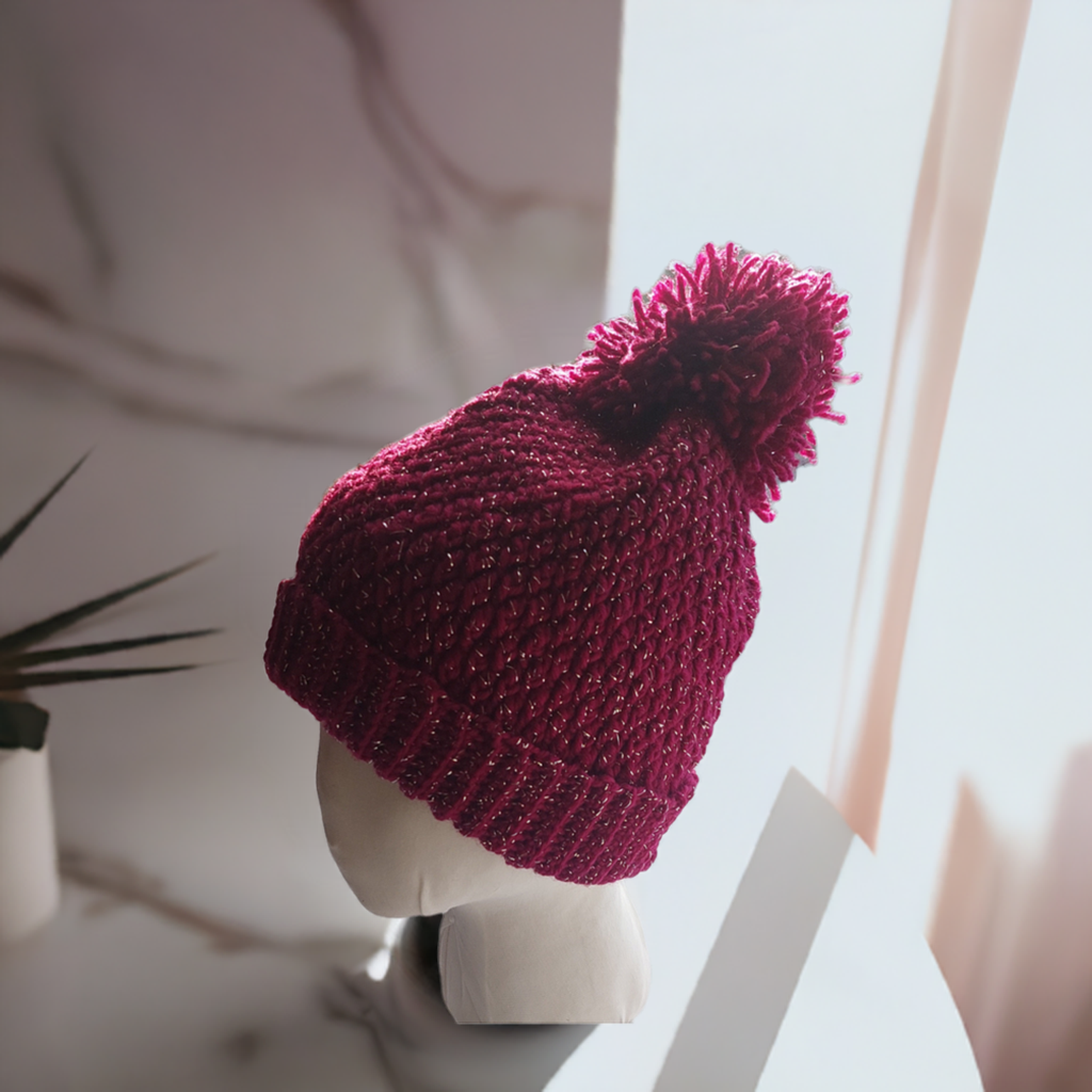 Red Crochet Hat with Shimmering Silver Accents