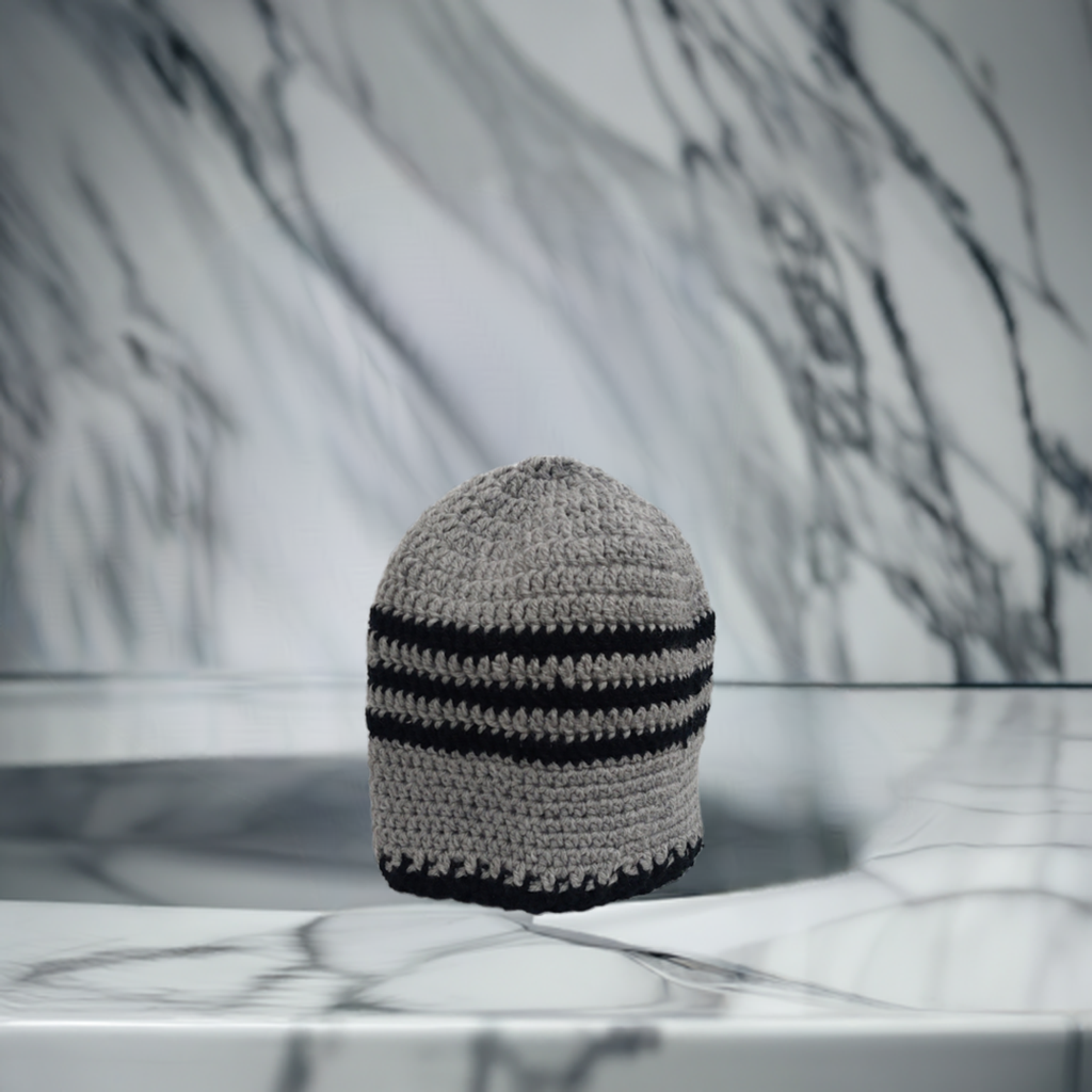 Handmade Grey and Navy Blue Crochet Hat – Cozy Two-colours Acrylic Yarn Beanie