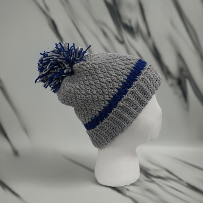 Handmade Crochet Hat in Grey and Royal Blue – Soft Acrylic Yarn Beanie