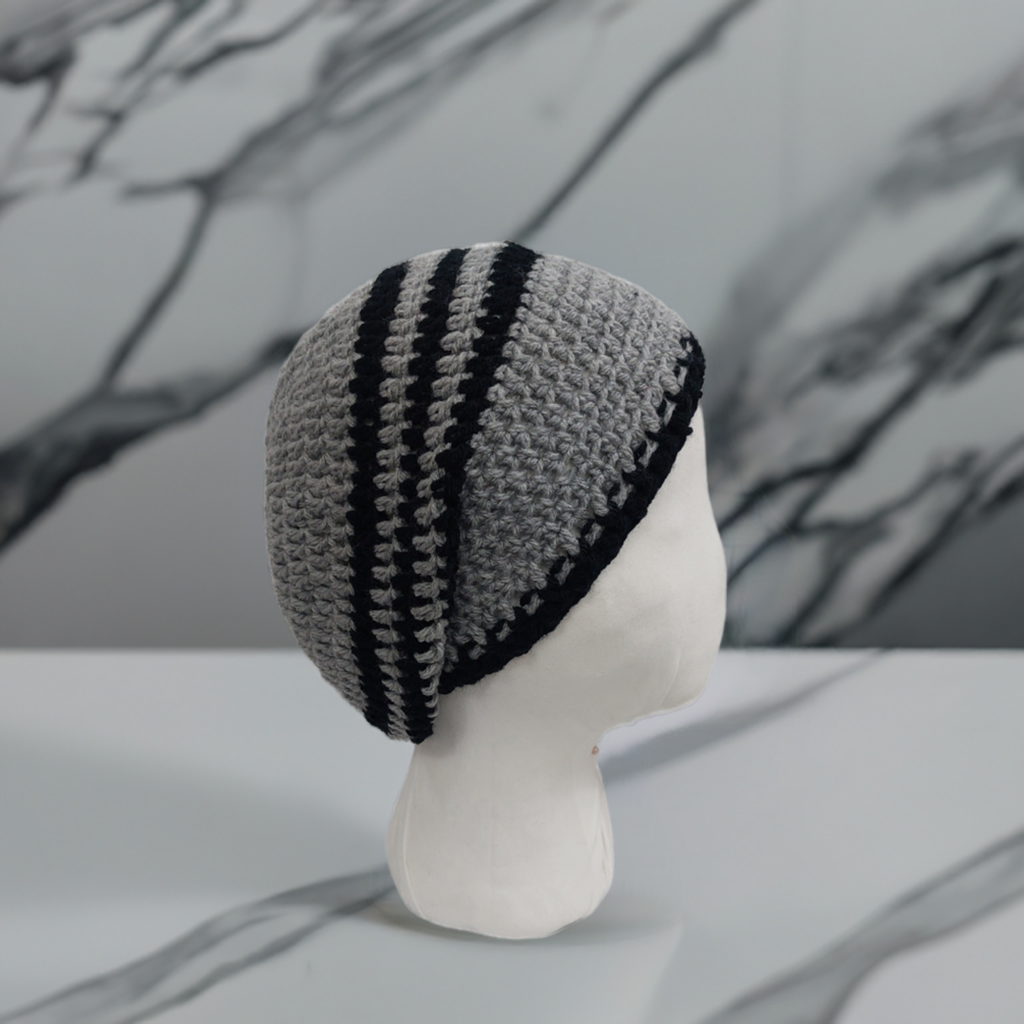 Handmade Grey and Navy Blue Crochet Hat – Cozy Two-colours Acrylic Yarn Beanie