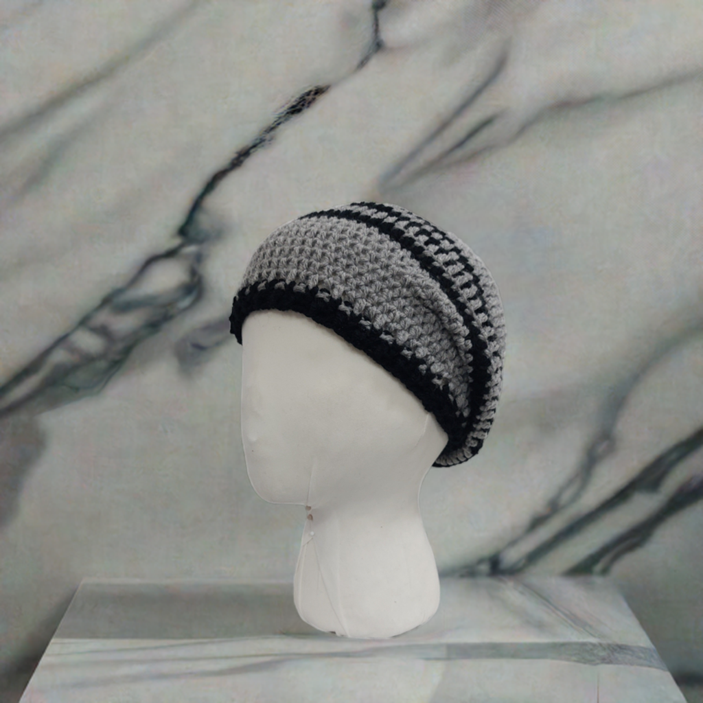 Handmade Grey and Navy Blue Crochet Hat – Cozy Two-colours Acrylic Yarn Beanie