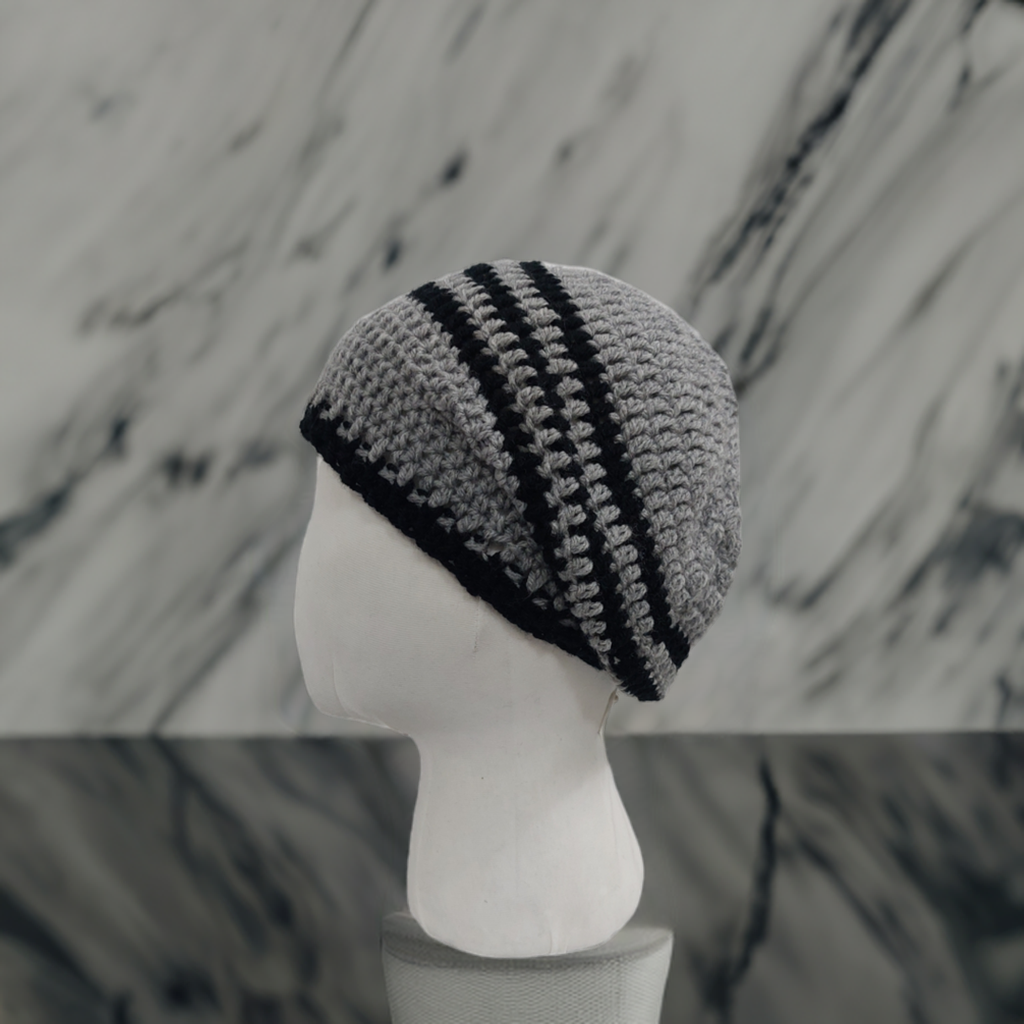 Handmade Grey and Navy Blue Crochet Hat – Cozy Two-colours Acrylic Yarn Beanie