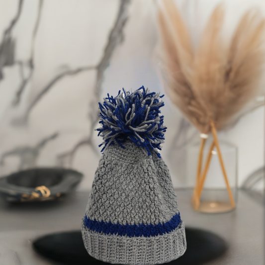 Handmade Crochet Hat in Grey and Royal Blue – Soft Acrylic Yarn Beanie