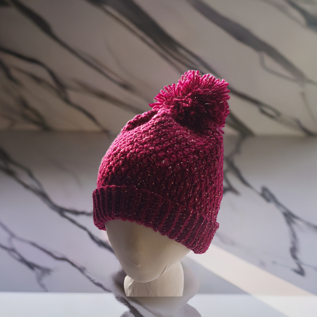 Red Crochet Hat with Shimmering Silver Accents